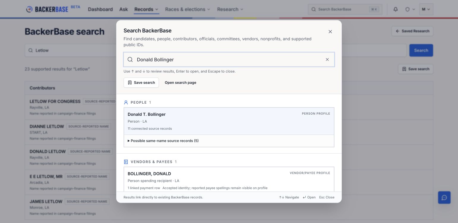 Global search for Donald Bollinger shows a person profile separately from possible same-name source records and vendor results.