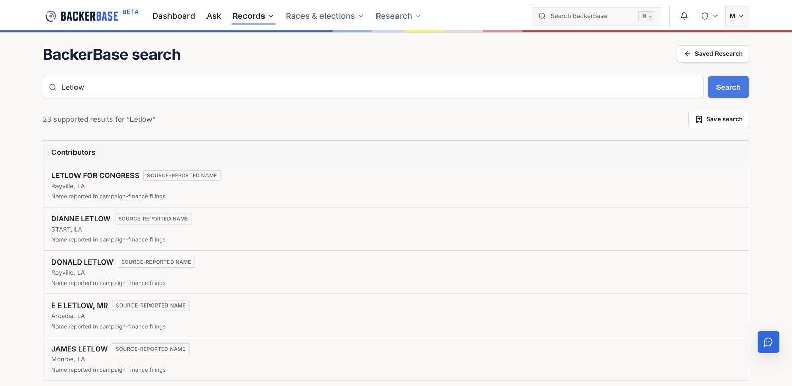 Full-page search for Letlow with results grouped by record type and a Save search control.